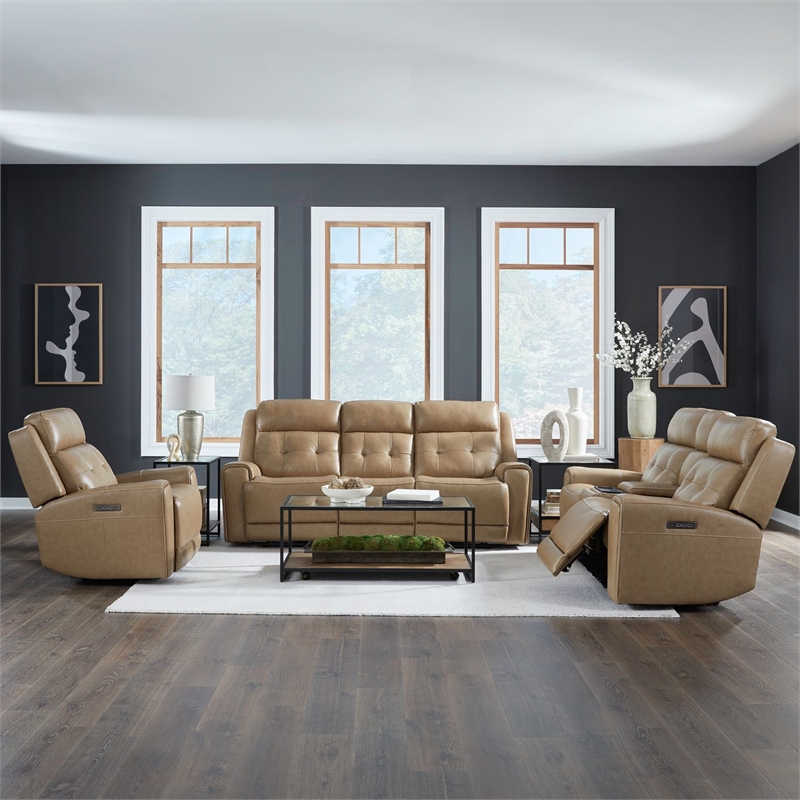 Pemberly Row Power Reclining Sofa Loveseat and Recliner Set in York Sand