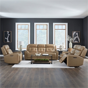 Pemberly Row Power Reclining Sofa Loveseat and Recliner Set in York Sand