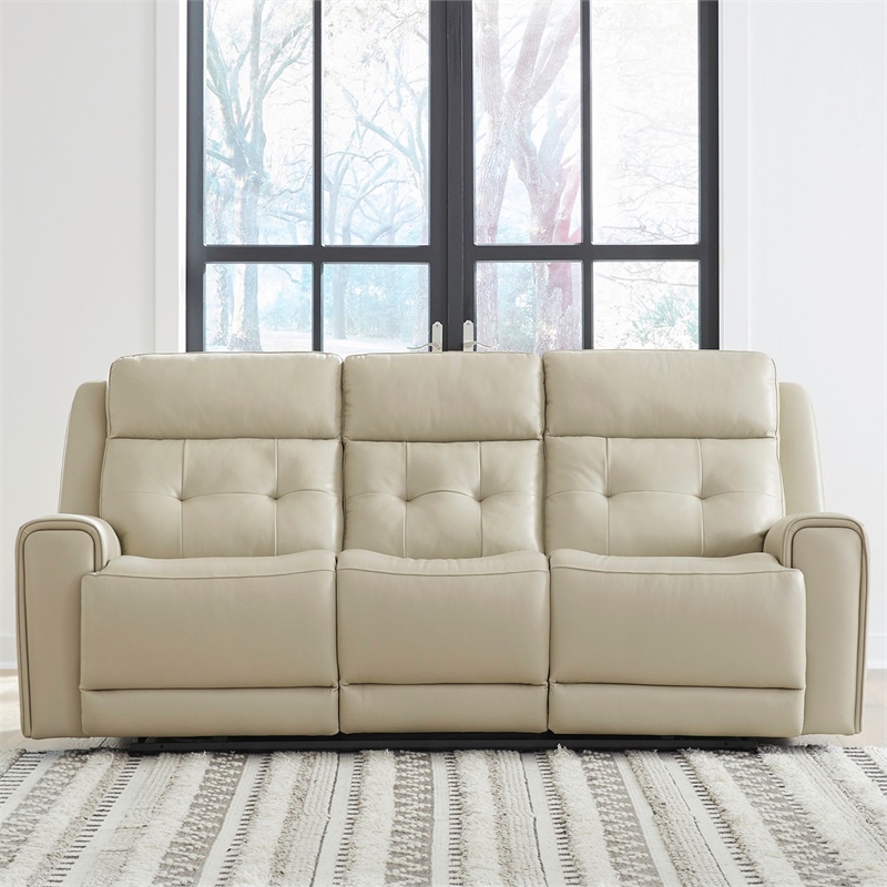 Pemberly Row Power Sofa Loveseat and Recliner Set in Baja Stone Leather