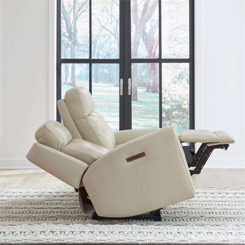 Pemberly Row Power Sofa Loveseat and Recliner Set in Baja Stone Leather