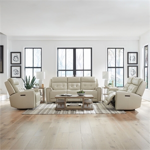 Pemberly Row Power Sofa Loveseat and Recliner Set in Baja Stone Leather