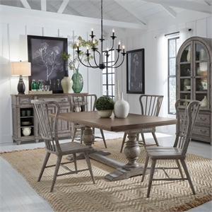 Pemberly Row 5 Piece Trestle Table Dining Room Set with Chairs in Gray Wood