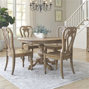 Pemberly Row 5 Piece Pedestal Dining Table Set with Chairs in Brown