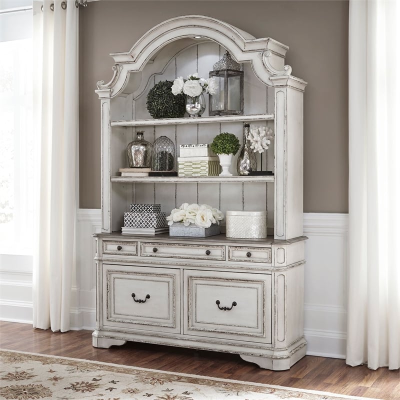 Pemberly Row Office Credenza and Hutch with File Drawers in White