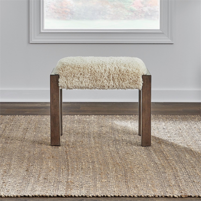 Pemberly Row Upholstered Console Stool with Faux Sheepskin Seat in Brown