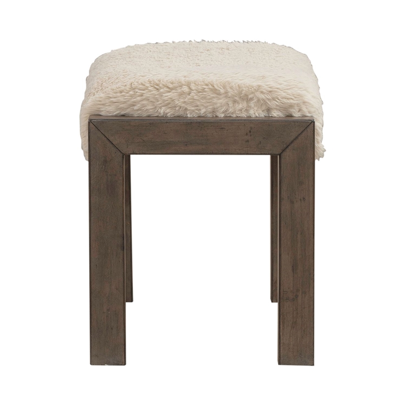 Pemberly Row Upholstered Console Stool with Faux Sheepskin Seat in Brown