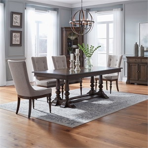 Pemberly Row 5 Piece Trestle Table Set with Upholstered Chairs in Cherry