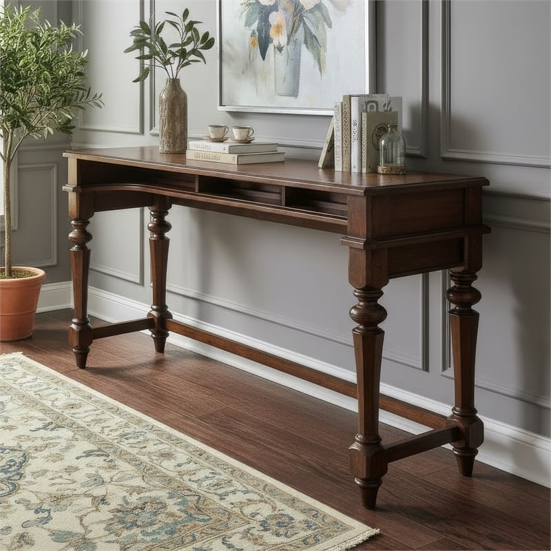 Pemberly Row 4 Piece Console Bar Table Set with Upholstered Stools in Cherry