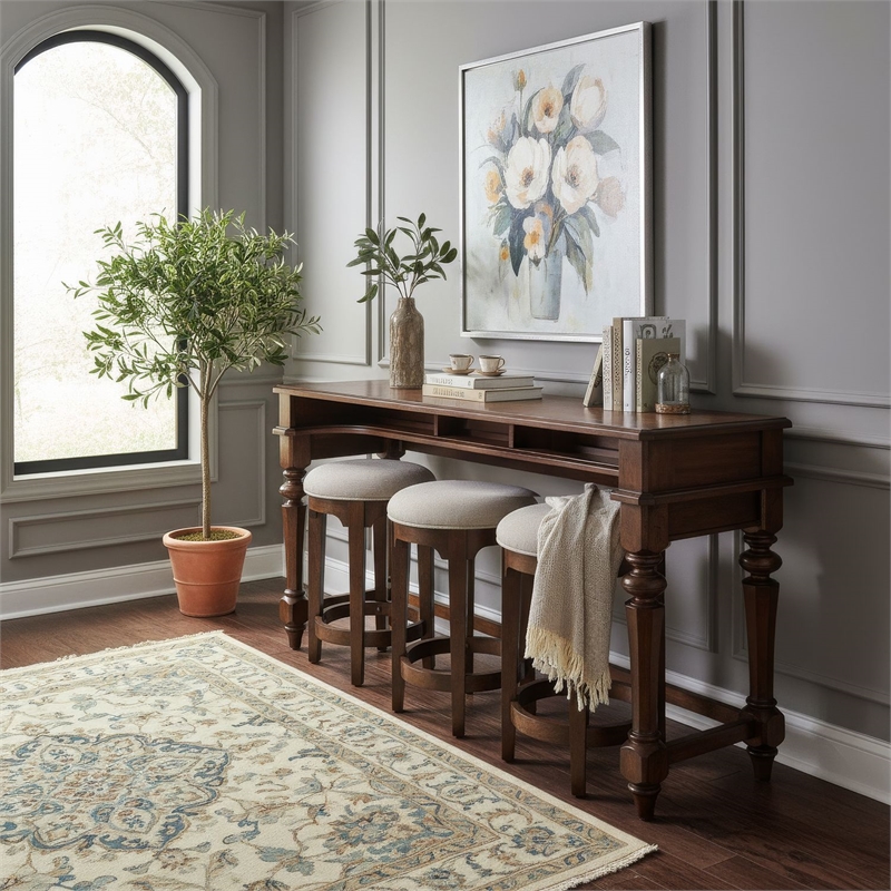 Pemberly Row 4 Piece Console Bar Table Set with Upholstered Stools in Cherry