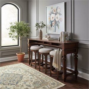 Pemberly Row 4 Piece Console Bar Table Set with Upholstered Stools in Cherry