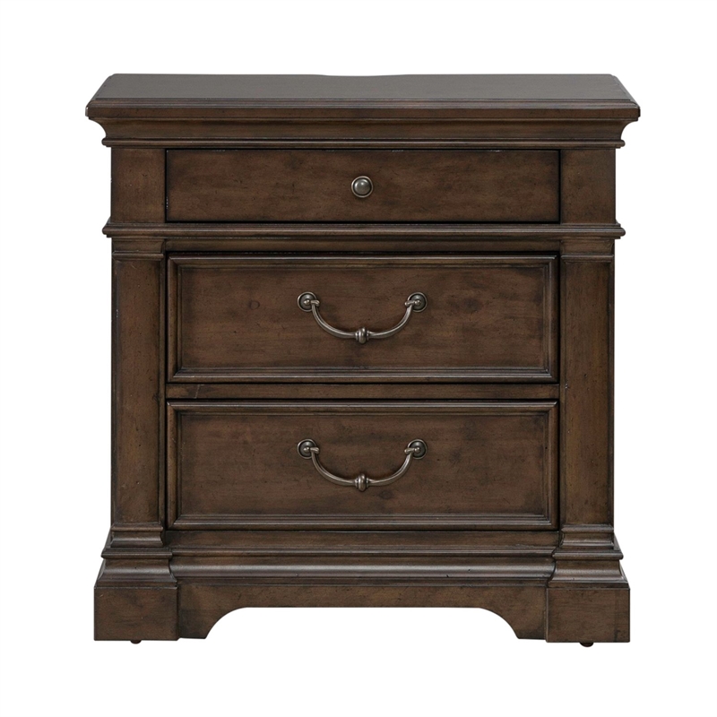 Pemberly Row Queen Poster Bed with Dresser Mirror Chest and Nightstand in Cherry