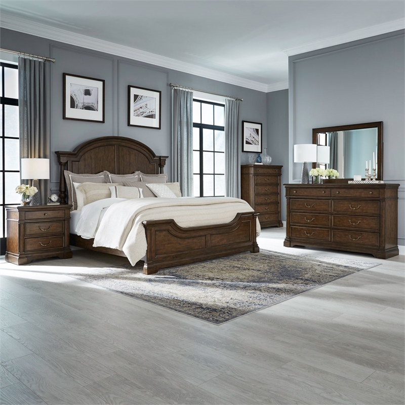 Pemberly Row Queen Poster Bed with Dresser Mirror Chest and Nightstand in Cherry