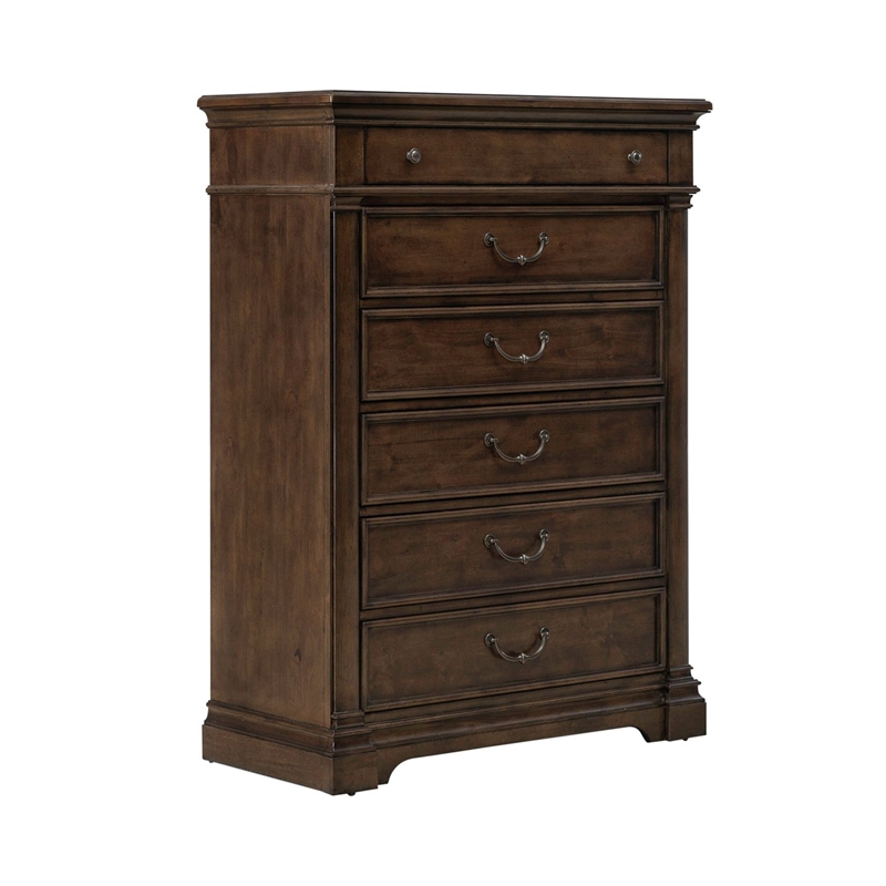 Pemberly Row Queen Poster Bed with Dresser Mirror and Chest in Cherry
