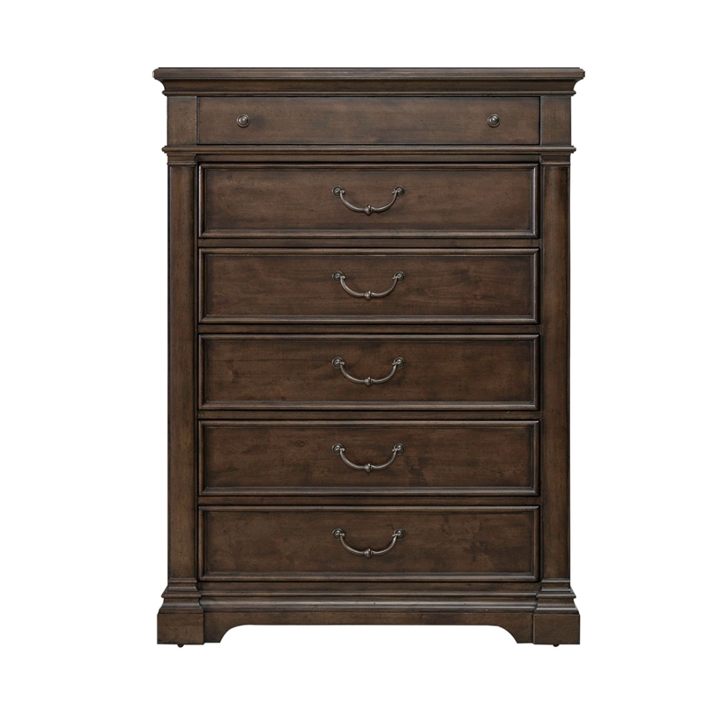 Pemberly Row Queen Poster Bed with Dresser Mirror and Chest in Cherry