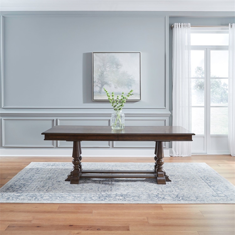 Pemberly Row 7 Piece Trestle Table Set with Splat Back Chairs in Cherry