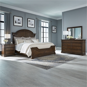 Pemberly Row California King Poster Bed with Dresser Mirror Nightstand in Cherry