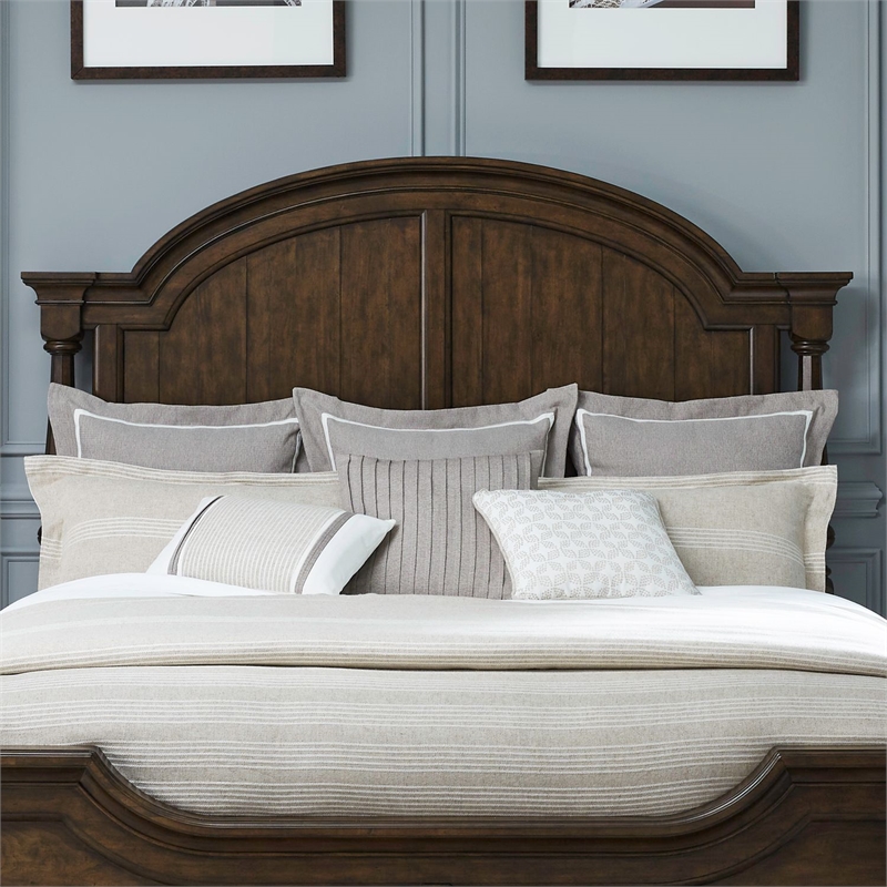 Pemberly Row California King Poster Bed with Dresser Mirror Nightstand in Cherry