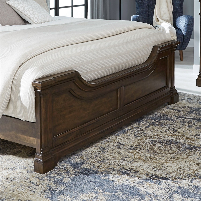 Pemberly Row California King Poster Bed with Dresser Mirror Nightstand in Cherry