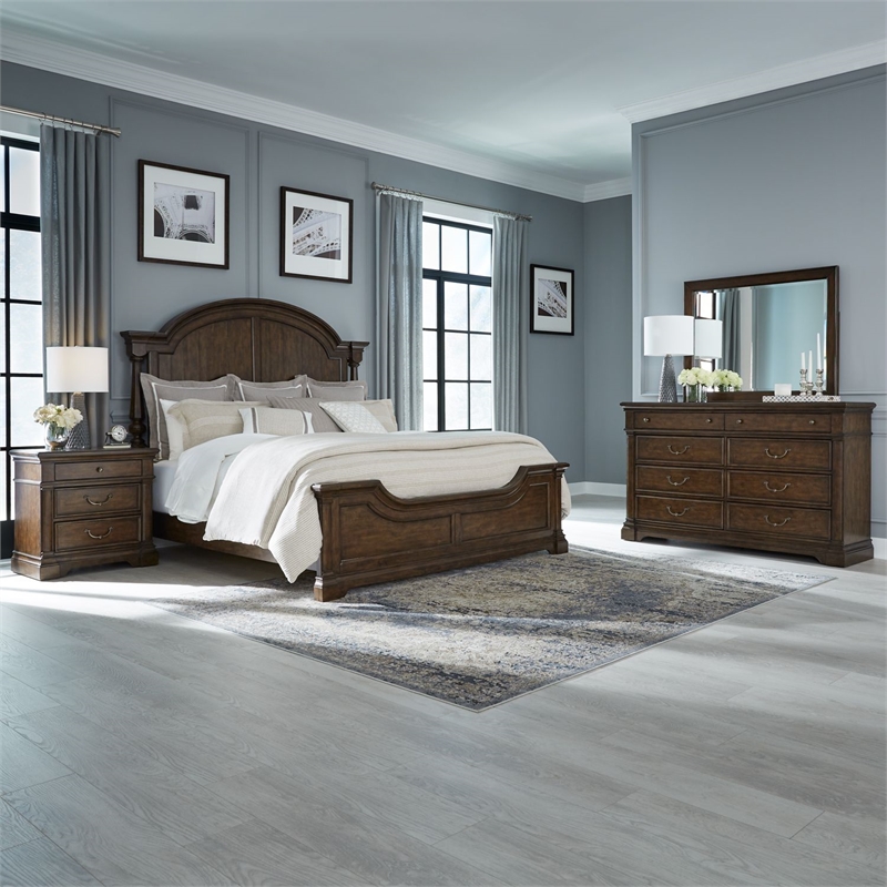 Pemberly Row California King Poster Bed with Dresser Mirror Nightstand in Cherry