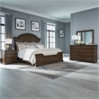 Pemberly Row California King Poster Bed with Dresser Mirror Nightstand in Cherry
