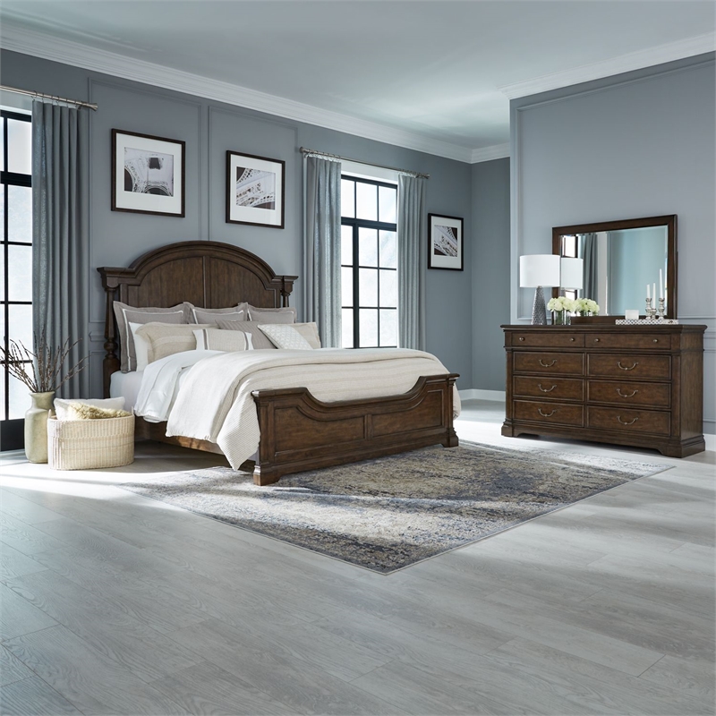 Pemberly Row California King Poster Bed with Dresser and Mirror in Cherry