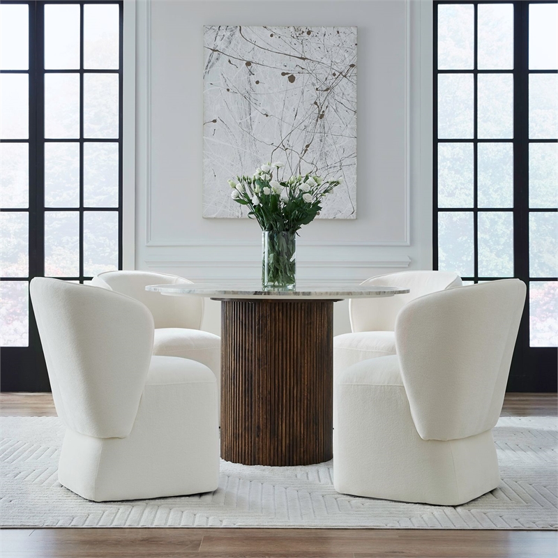 Pemberly Row Rounded Arm Dining Chair with Casters in Ivory Fabric