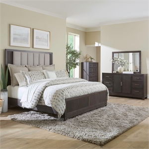 Pemberly Row Queen Upholstered Bed with Dresser Mirror and Chest in Brown