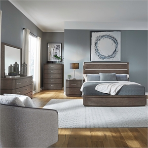 Pemberly Row King Panel Bed with Dresser Mirror Chest and Nightstand in Brown