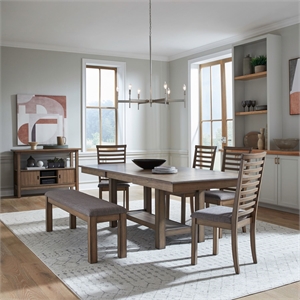 Pemberly Row 6 Piece Trestle Set with Ladder Back Chairs and Bench in Brown