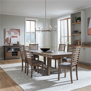 Pemberly Row 7 Piece Trestle Set with Ladder Back Chairs and Bench in Brown