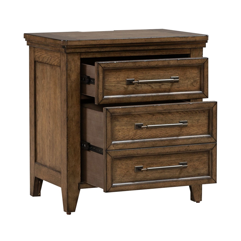 Pemberly Row Queen Panel Bed with Dresser Mirror and Nightstand in Brown