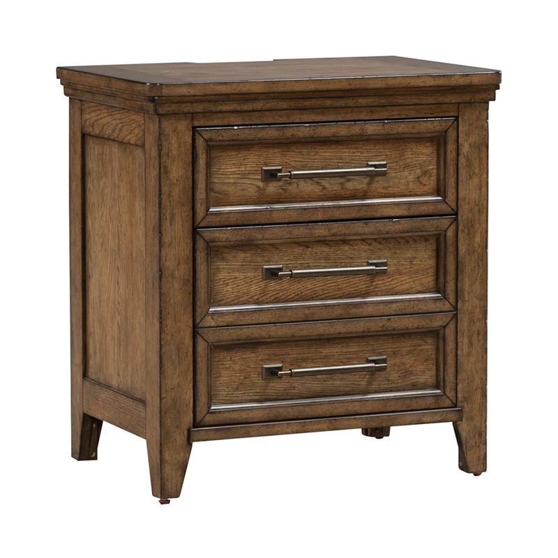 Pemberly Row Queen Panel Bed with Dresser Mirror and Nightstand in Brown
