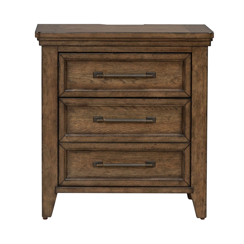 Pemberly Row Queen Panel Bed with Dresser Mirror and Nightstand in Brown