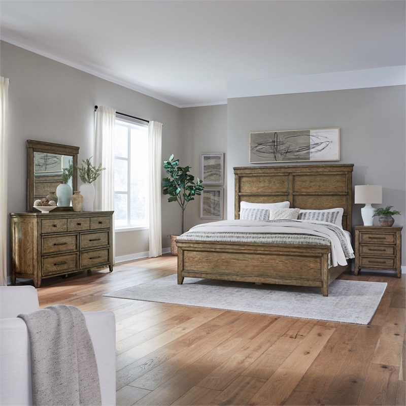 Pemberly Row Queen Panel Bed with Dresser Mirror and Nightstand in Brown