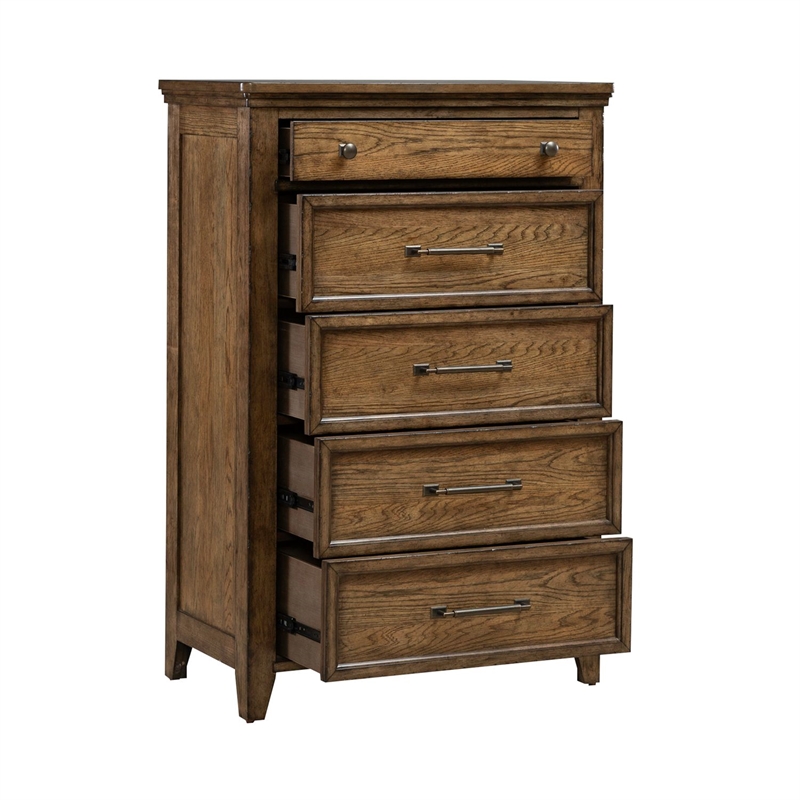 Pemberly Row King Panel Bed with Dresser Mirror Chest and Nightstand in Brown