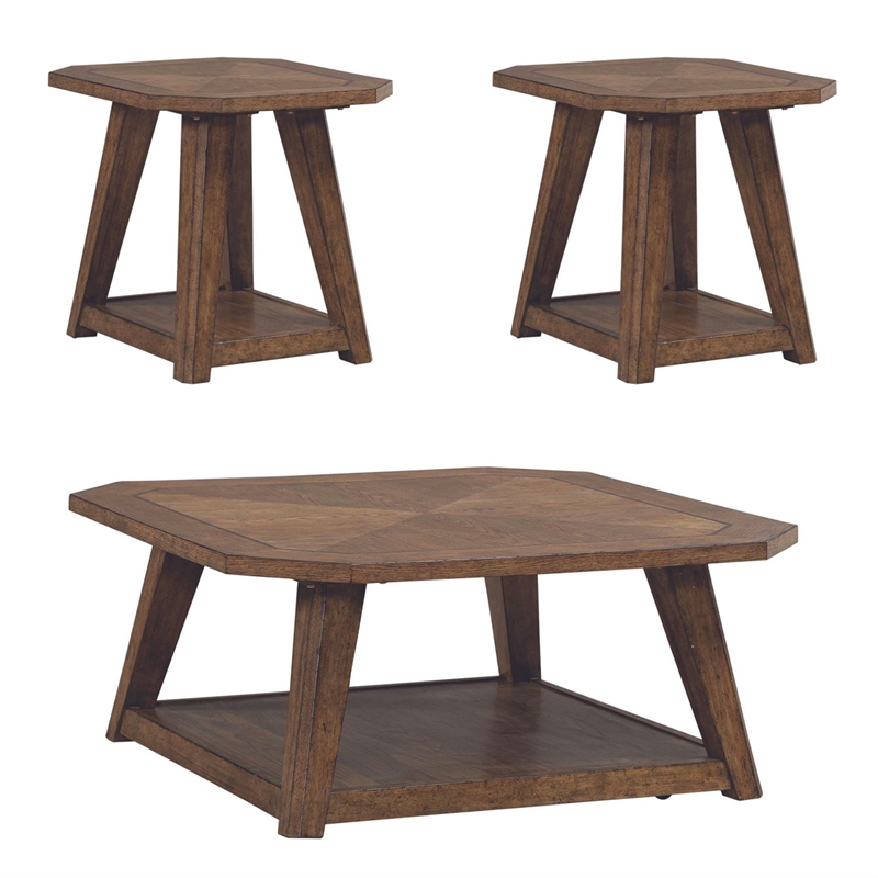 Pemberly Row 3 Piece Octagonal Cocktail and End Table Set with Casters in Brown
