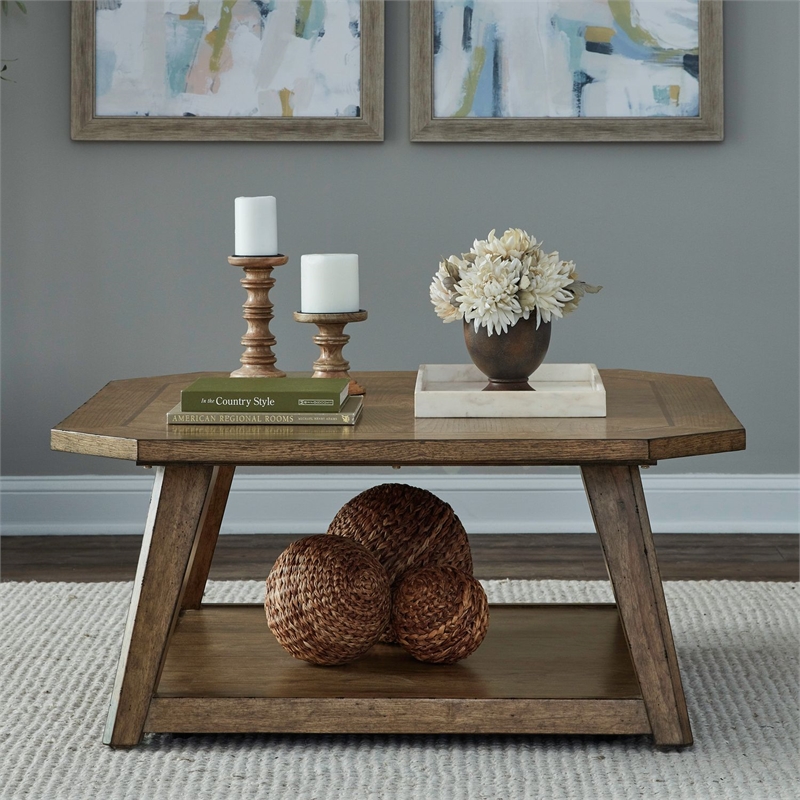 Pemberly Row 3 Piece Octagonal Cocktail and End Table Set with Casters in Brown