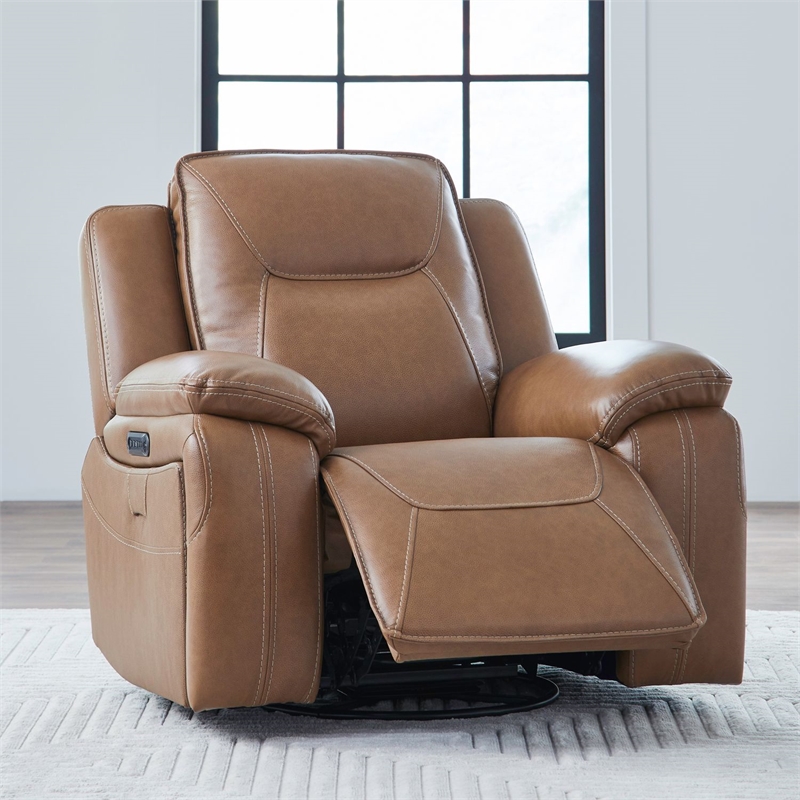 Pemberly Row Power Swivel Glide Recliner with Heat and Massage in Brown