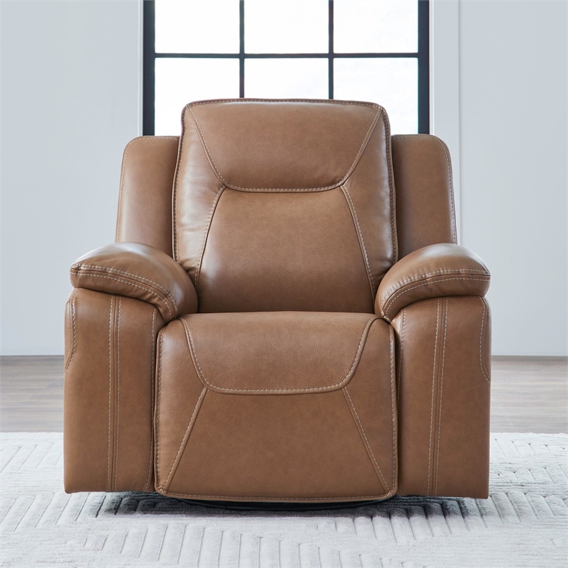 Pemberly Row Power Swivel Glide Recliner with Heat and Massage in Brown