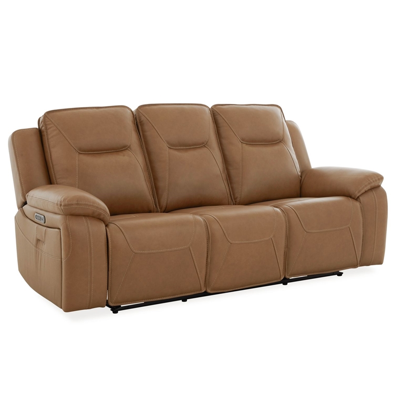 Pemberly Row Power Reclining Sofa and Loveseat Set with Heat Massage in Brown