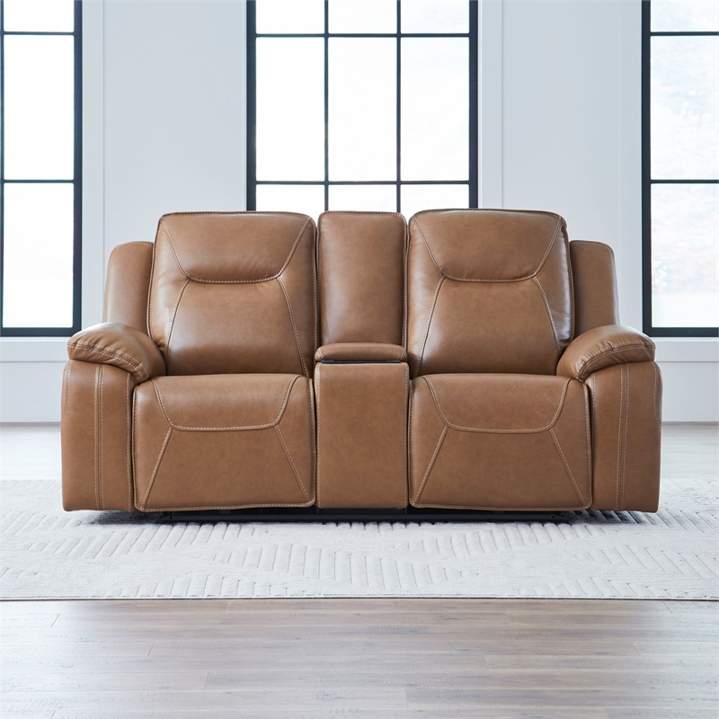 Pemberly Row Power Reclining Sofa and Loveseat Set with Heat Massage in Brown