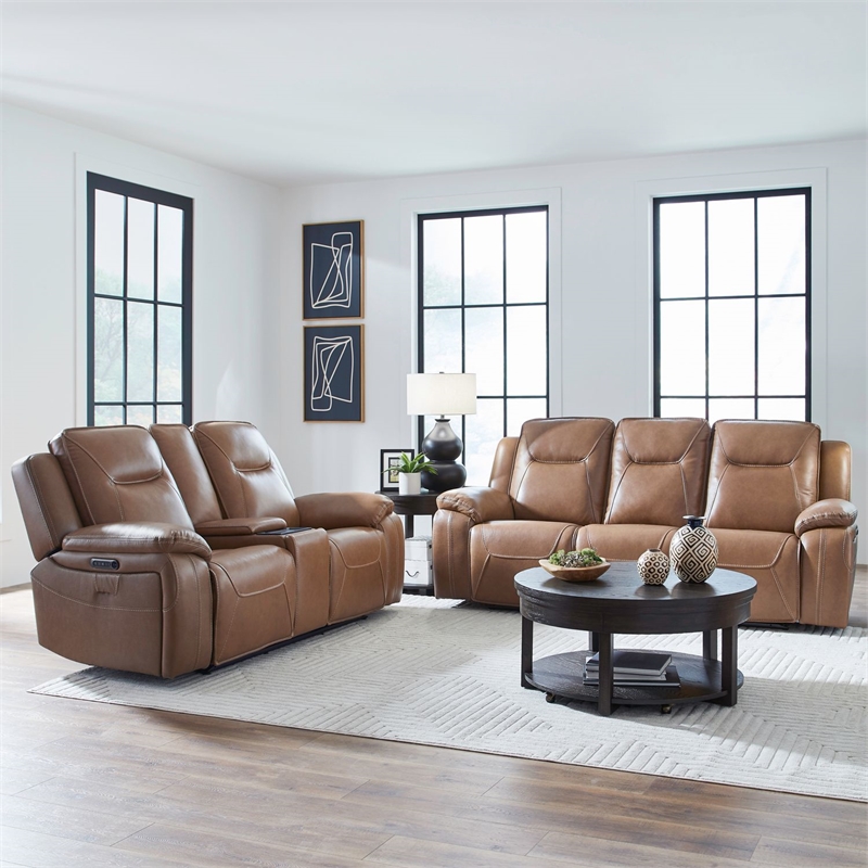 Pemberly Row Power Reclining Sofa and Loveseat Set with Heat Massage in Brown