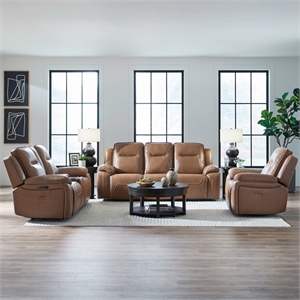 Pemberly Row Power Reclining Sofa Loveseat and Recliner Set in Brown