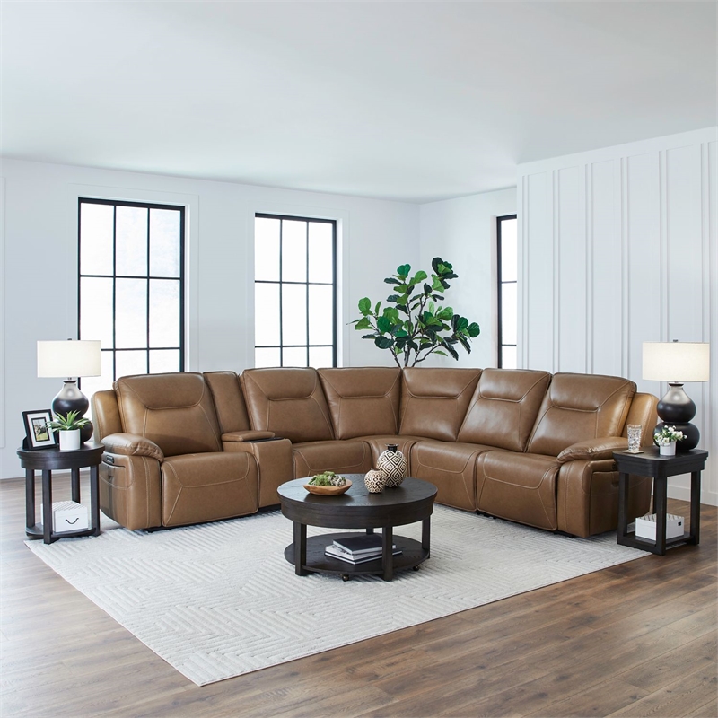 Pemberly Row 6 Piece Power Reclining Sectional with Heat Massage in Brown