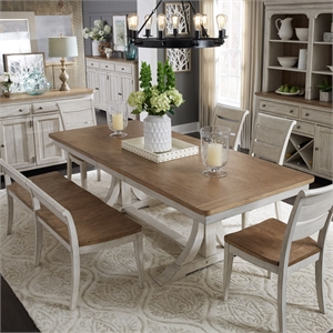 Pemberly Row 6 Piece Trestle Set with Ladder Back Chairs and Bench in White