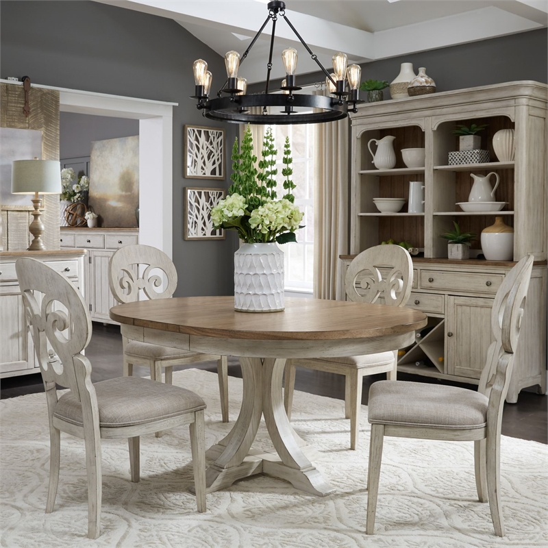 Pemberly Row 5 Piece Pedestal Table Set with Upholstered Chairs in White
