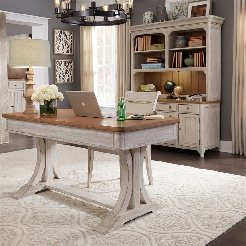 Pemberly Row 3 Piece Desk and Hutch Set with LED Lighting in White