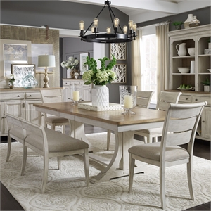 Pemberly Row 6 Piece Trestle Set with Ladder Back Chairs and Bench in White
