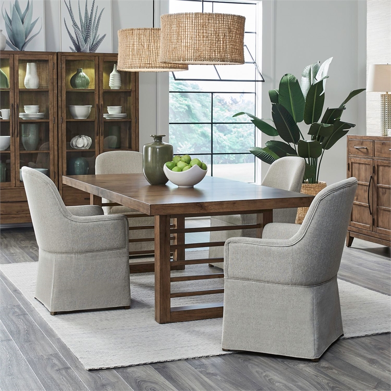 Pemberly Row 5 Piece Double Pedestal Set with Upholstered Arm Chairs in Brown