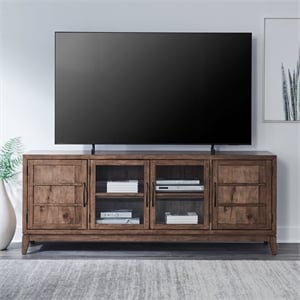 Pemberly Row 82 Inch TV Console with Glass and Panel Doors in Brown